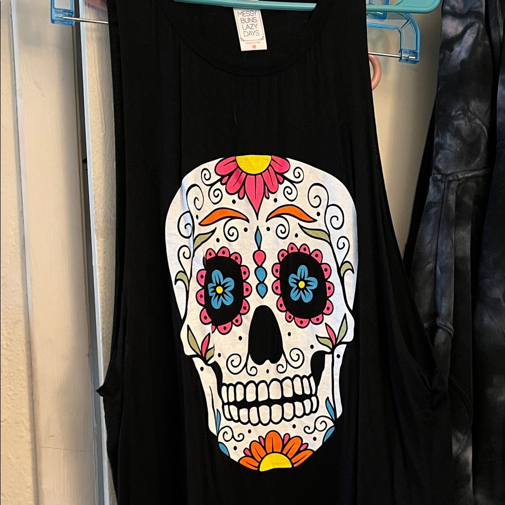 Messy Buns Lazy Days Black Tank with Colorful Skull